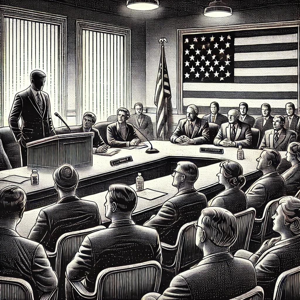 A stipple-style black and white illustration of a formal town council meeting. Council members are seated around a large table, with one member standing and speaking. A U.S. flag is visible in the background, and some audience members are watching attentively.