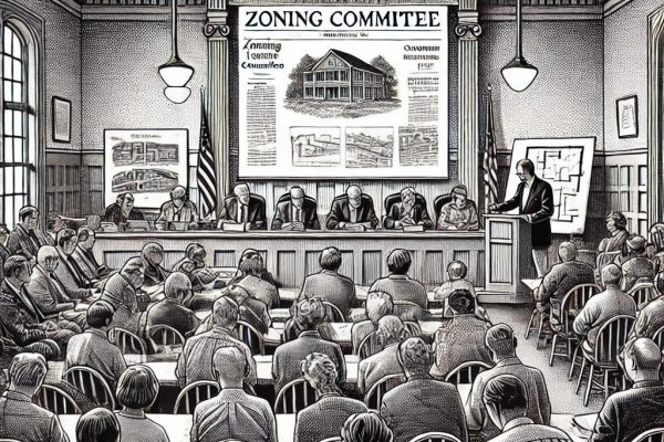 A black and white stipple illustration in the style of the Wall Street Journal depicts a Farmington Town Plan and Zoning Committee meeting. Committee members are seated at a long table, reviewing documents and discussing plans, with a projection screen in the background displaying architectural plans. Community members are in the audience, some taking notes and others raising their hands to speak. The setting is a formal town hall with classic wooden paneling and large windows.