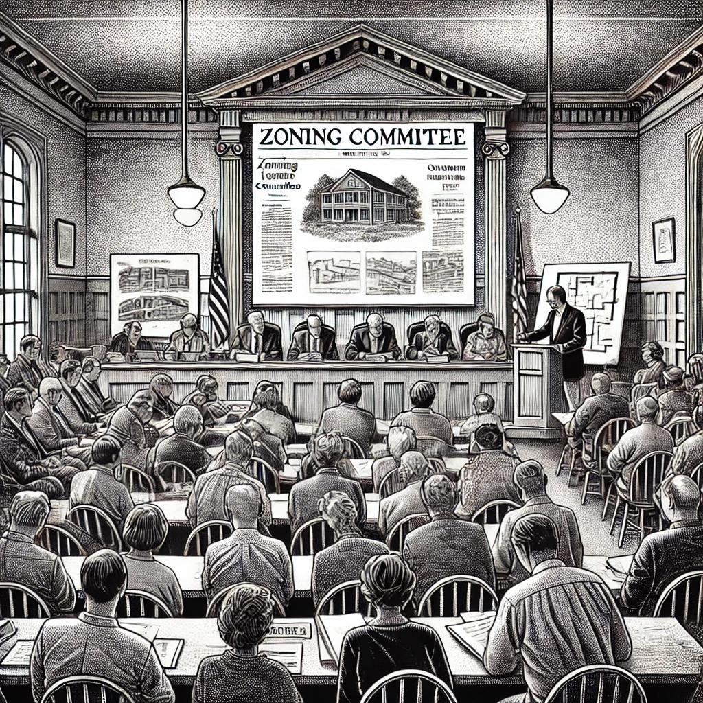 A black and white stipple illustration in the style of the Wall Street Journal depicts a Farmington Town Plan and Zoning Committee meeting. Committee members are seated at a long table, reviewing documents and discussing plans, with a projection screen in the background displaying architectural plans. Community members are in the audience, some taking notes and others raising their hands to speak. The setting is a formal town hall with classic wooden paneling and large windows.