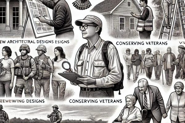 A detailed black and white stipple illustration showing volunteers engaged in various community activities in Farmington, CT, including reviewing architectural designs, conserving wetlands, honoring veterans, and assisting elderly people