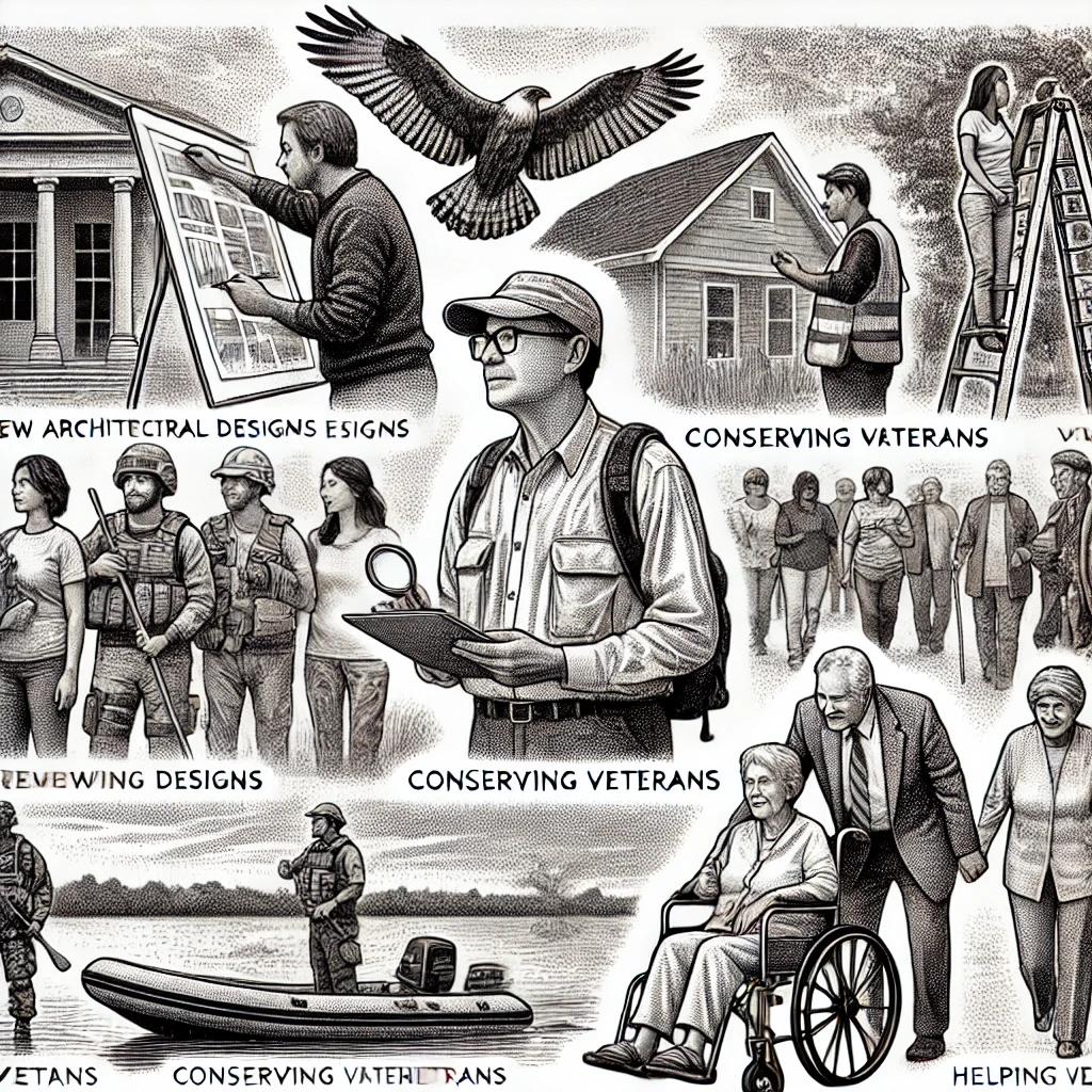 A detailed black and white stipple illustration showing volunteers engaged in various community activities in Farmington, CT, including reviewing architectural designs, conserving wetlands, honoring veterans, and assisting elderly people