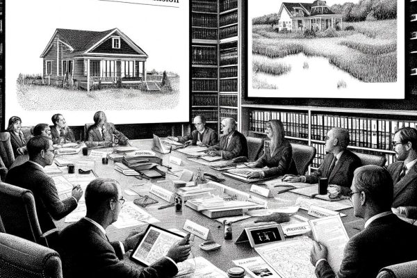 Black and white stipple illustration of a Farmington Inland Wetlands Commission meeting, showing commissioners seated at a table, some attending virtually. A commissioner presents a map while another holds a photo of a backyard with a shed.