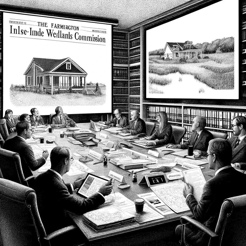 Black and white stipple illustration of a Farmington Inland Wetlands Commission meeting, showing commissioners seated at a table, some attending virtually. A commissioner presents a map while another holds a photo of a backyard with a shed.