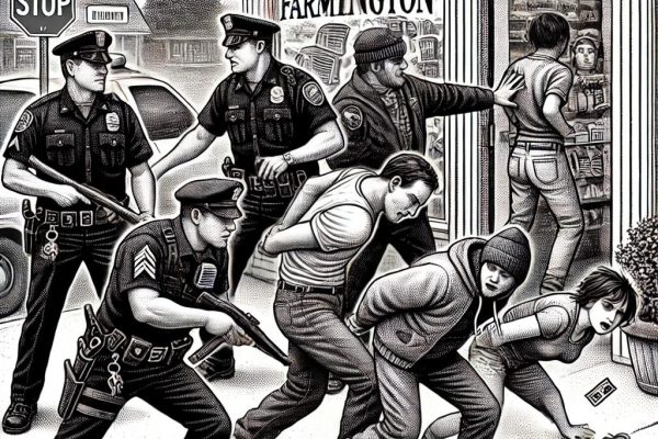 Black and white stipple illustration in the style of the Wall Street Journal showing a chaotic scene in Farmington, CT with a police officer apprehending a running man, a woman being escorted out of a store with stolen goods, and two young adults causing mischief by trespassing and vandalizing property.