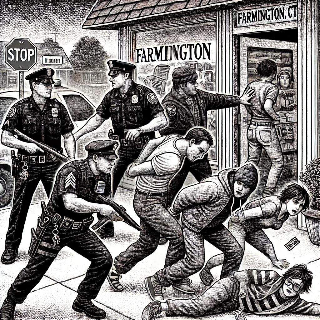 Black and white stipple illustration in the style of the Wall Street Journal showing a chaotic scene in Farmington, CT with a police officer apprehending a running man, a woman being escorted out of a store with stolen goods, and two young adults causing mischief by trespassing and vandalizing property.