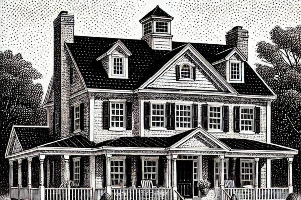 A black and white stipple drawing of a generic faux colonial home in Farmington, CT, lacking distinctive features, created in the style of Wall Street Journal illustrations.