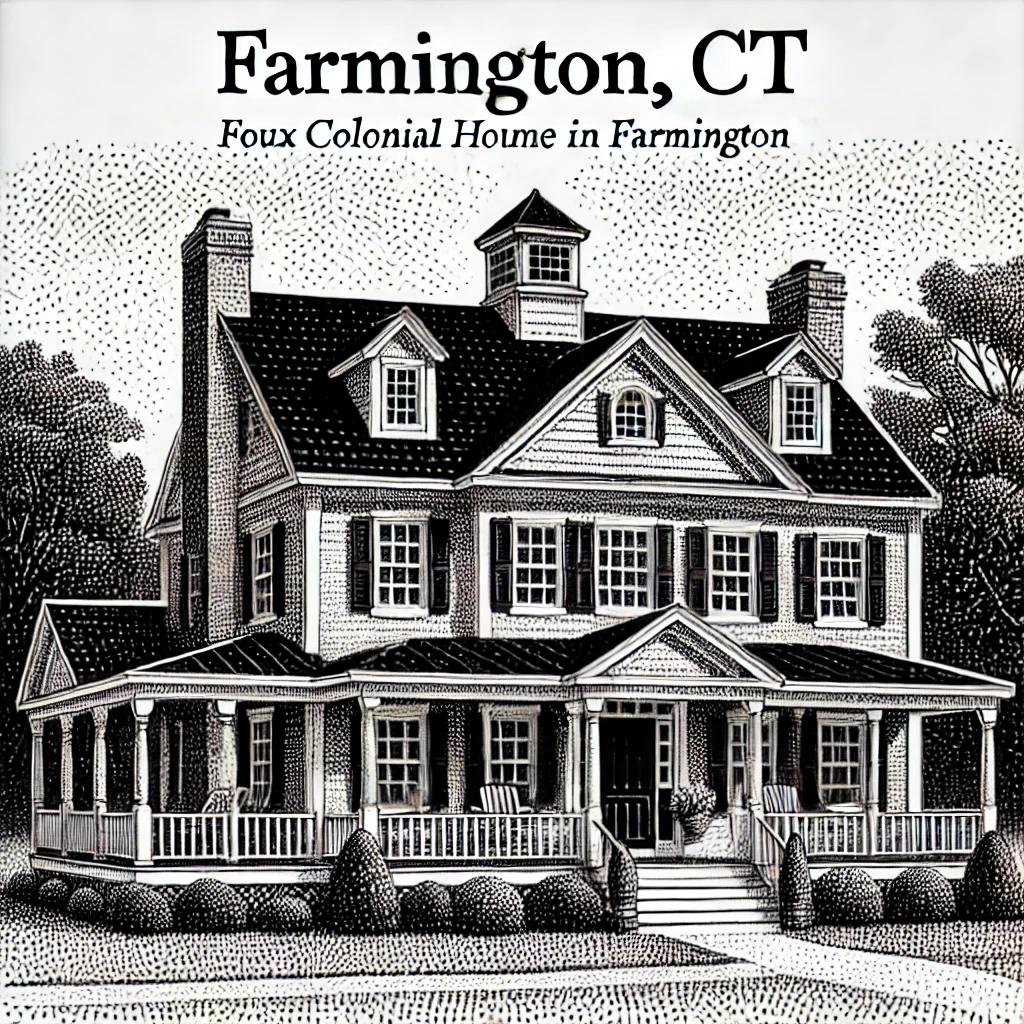 A black and white stipple drawing of a generic faux colonial home in Farmington, CT, lacking distinctive features, created in the style of Wall Street Journal illustrations.