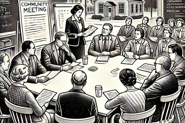 Black and white stipple illustration of a town meeting with people discussing documents around a table, set in a town hall with a chalkboard and map in the background.