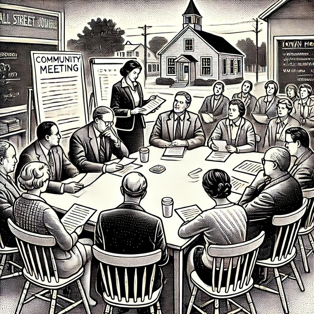 Black and white stipple illustration of a town meeting with people discussing documents around a table, set in a town hall with a chalkboard and map in the background.