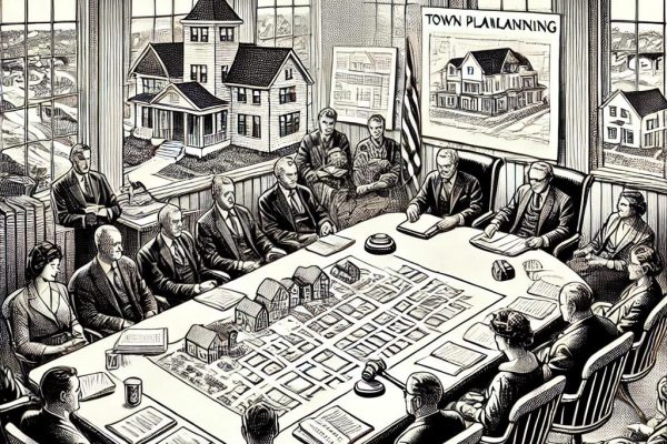 Black and white stipple image of a town planning meeting with people around a table, documents, architectural plans, and a gavel in a formal meeting room.