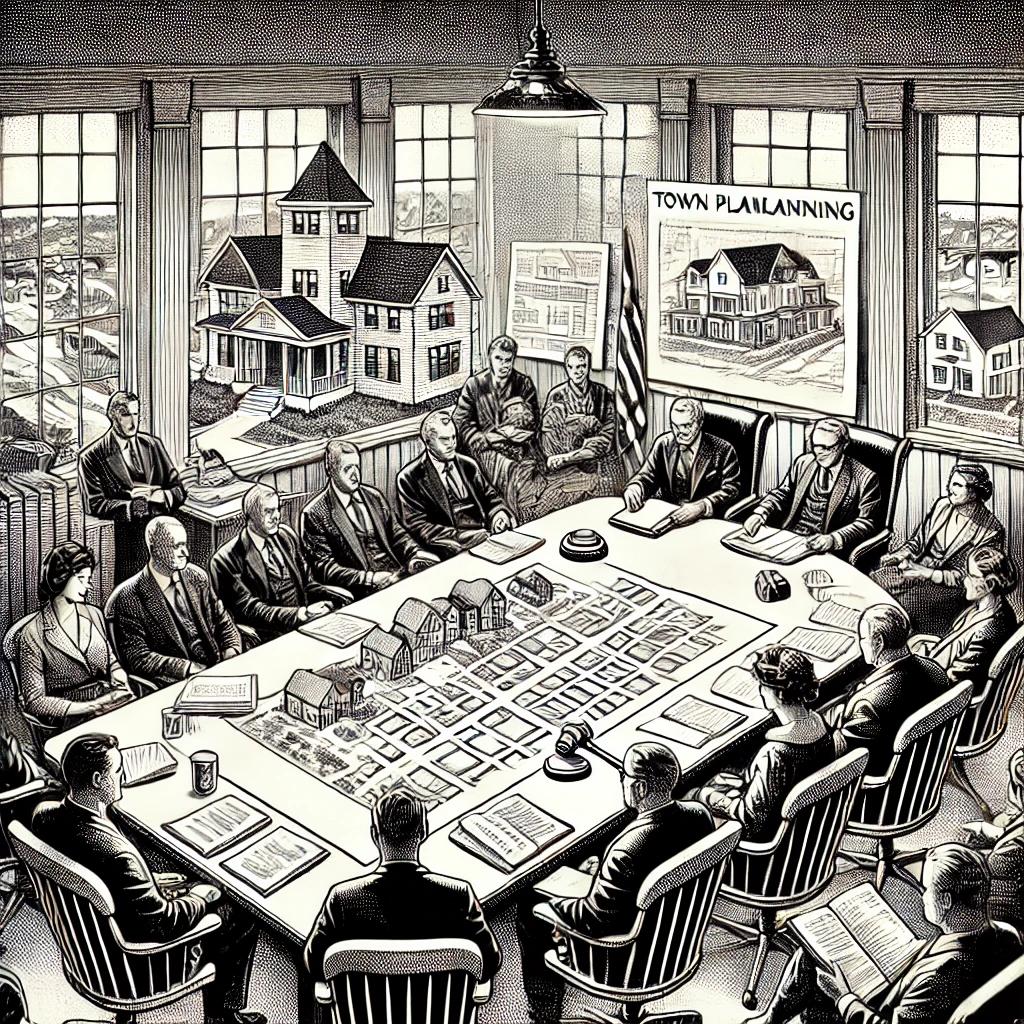 Black and white stipple image of a town planning meeting with people around a table, documents, architectural plans, and a gavel in a formal meeting room.