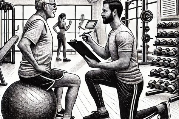 Black and white stipple drawing of a fitness trainer working with an older client in a gym setting.