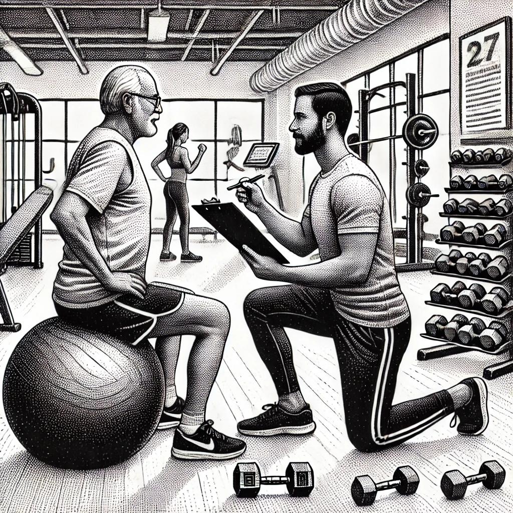 Black and white stipple drawing of a fitness trainer working with an older client in a gym setting.