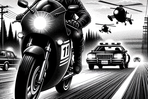 A detailed black and white stipple illustration depicting a motorcycle chase scene. A motorcyclist with a helmet is speeding on a road, followed by a police car with sirens on and helicopters in the sky. Other cars are visible in the background.