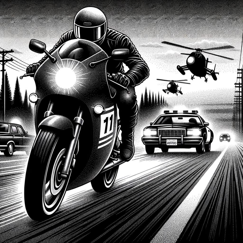 A detailed black and white stipple illustration depicting a motorcycle chase scene. A motorcyclist with a helmet is speeding on a road, followed by a police car with sirens on and helicopters in the sky. Other cars are visible in the background.