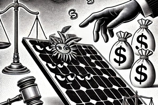 Black and white stipple illustration depicting a broken solar panel surrounded by sneaky dollar signs with eyes and hands, symbolizing fraud. In the background, there are shadowy outlines of a courtroom gavel and scales of justice.