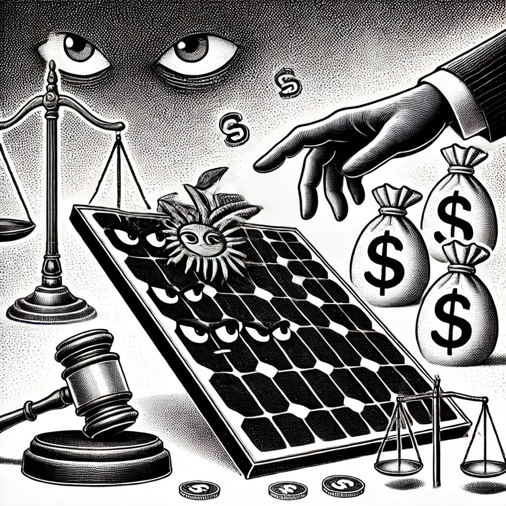 Black and white stipple illustration depicting a broken solar panel surrounded by sneaky dollar signs with eyes and hands, symbolizing fraud. In the background, there are shadowy outlines of a courtroom gavel and scales of justice.