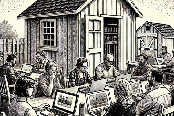 A black and white stipple illustration of a virtual town meeting with laptops and smartphones, highlighting a shed and a pavilion in a home office setting. People are focused on their screens.