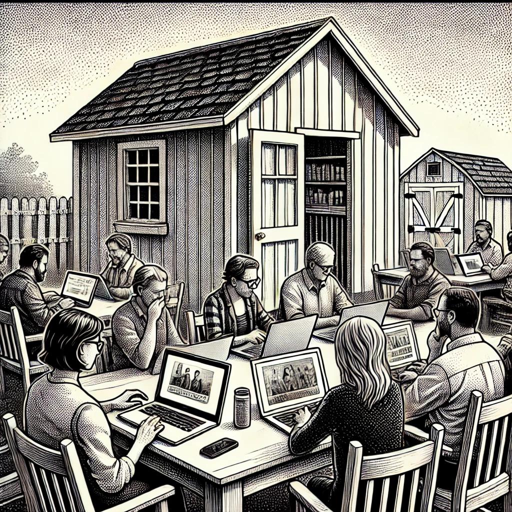 A black and white stipple illustration of a virtual town meeting with laptops and smartphones, highlighting a shed and a pavilion in a home office setting. People are focused on their screens.