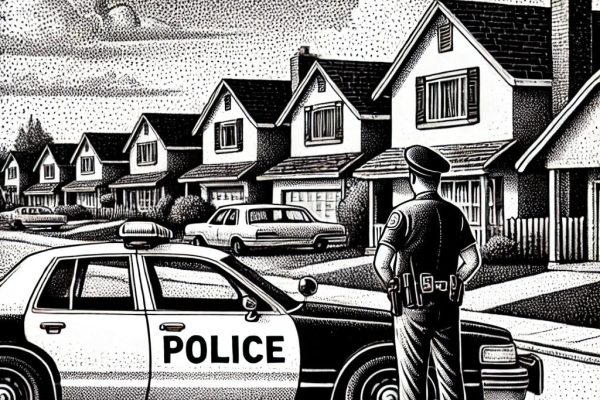 A black and white stipple drawing of a police officer standing next to a police car in a suburban neighborhood, capturing a sense of small-town drama with subtle humor.