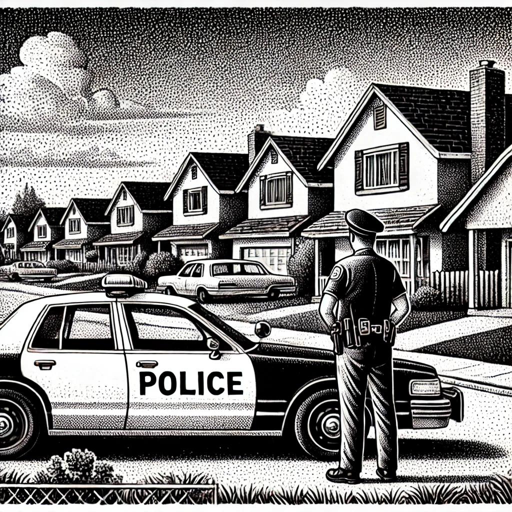 A black and white stipple drawing of a police officer standing next to a police car in a suburban neighborhood, capturing a sense of small-town drama with subtle humor.