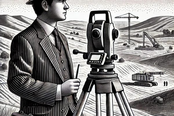 Black and white stipple illustration of a surveyor with surveying equipment in a landscape with rolling hills and construction sites.