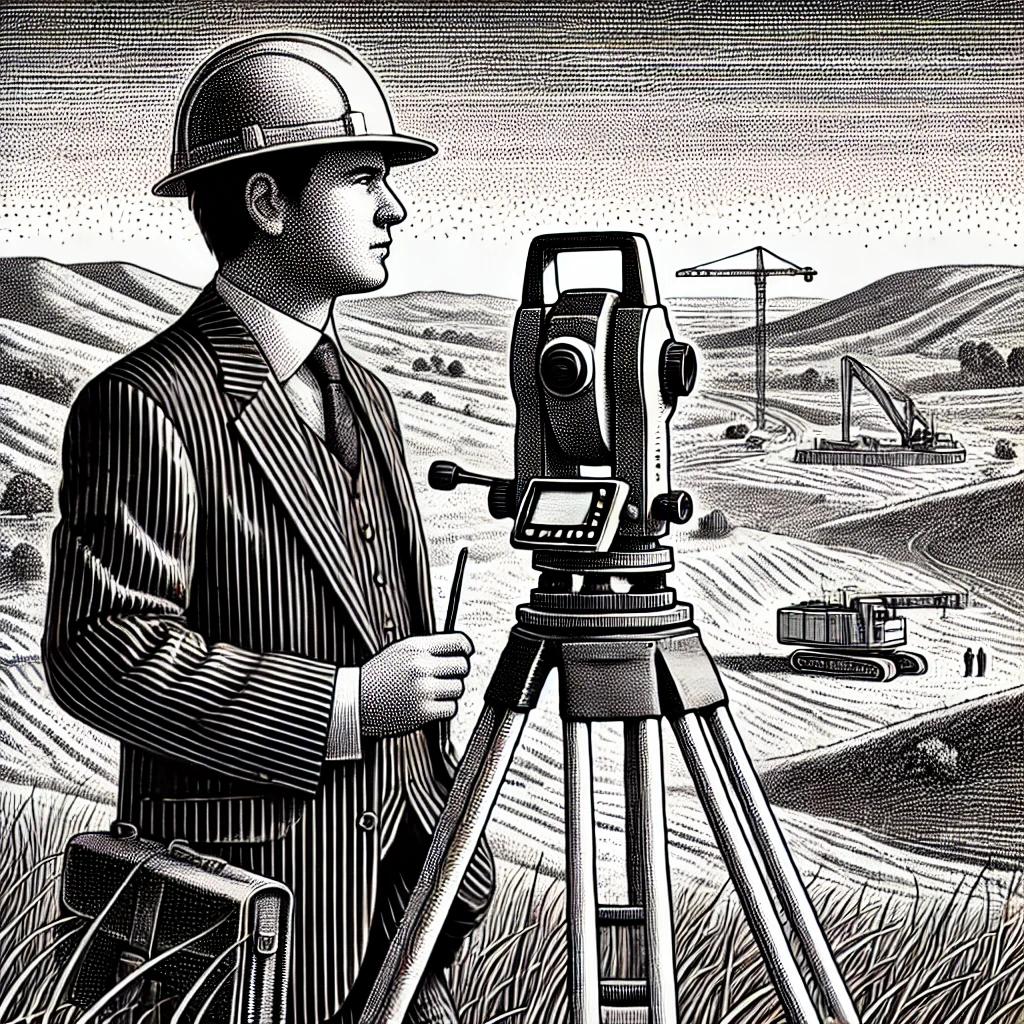 Black and white stipple illustration of a surveyor with surveying equipment in a landscape with rolling hills and construction sites.