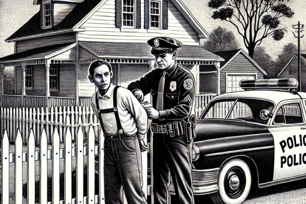 A black and white stipple illustration of a police officer handcuffing a surprised suspect in a quiet suburban neighborhood, with a police car and modest houses in the background.