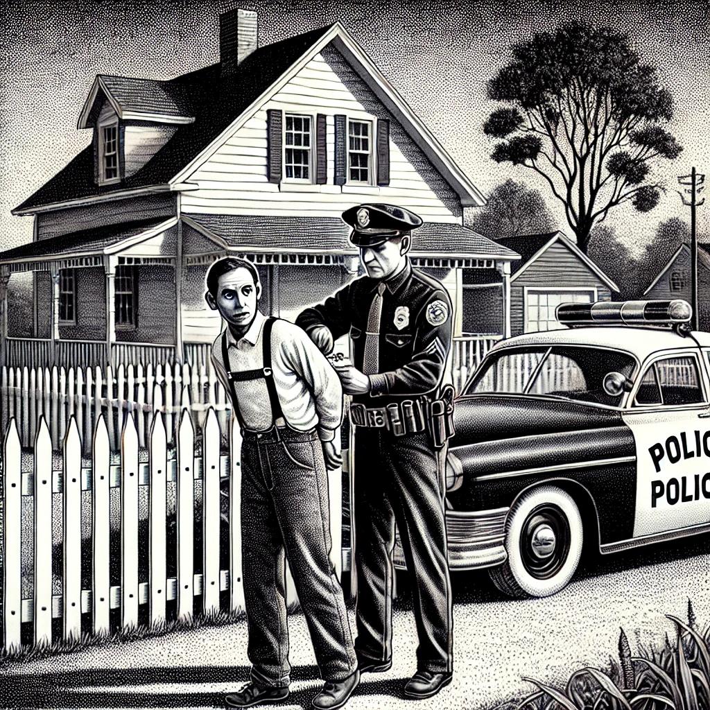 A black and white stipple illustration of a police officer handcuffing a surprised suspect in a quiet suburban neighborhood, with a police car and modest houses in the background.