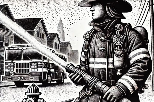 A black and white stipple image of a firefighter in full gear holding a fire hose, with a firetruck in the background. The firefighter looks determined and ready to respond to an emergency. There is a fire hydrant and a small house in the distance