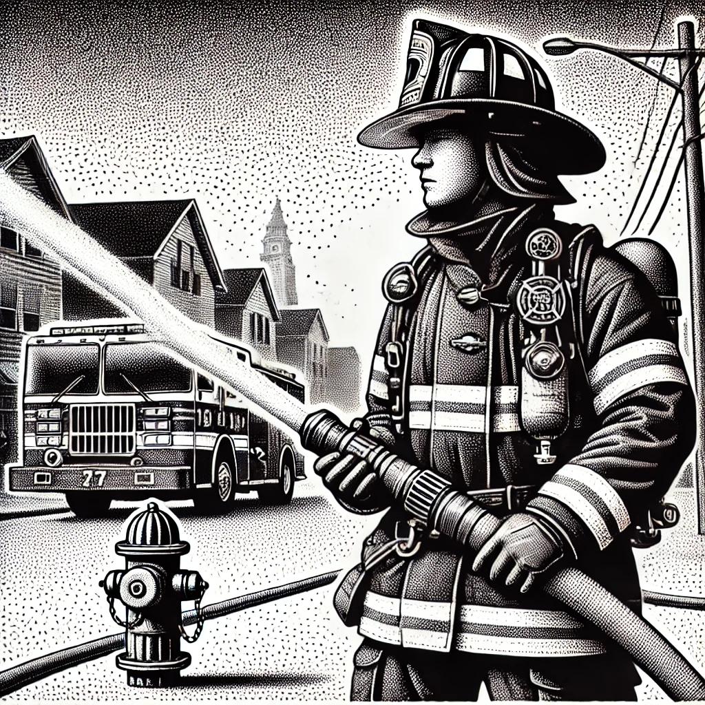 A black and white stipple image of a firefighter in full gear holding a fire hose, with a firetruck in the background. The firefighter looks determined and ready to respond to an emergency. There is a fire hydrant and a small house in the distance