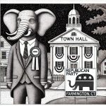 Black and white stipple illustration of the Republican mascot elephant campaigning in Farmington, CT, with a New England town hall in the background.