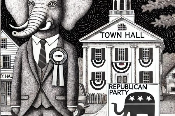 Black and white stipple illustration of the Republican mascot elephant campaigning in Farmington, CT, with a New England town hall in the background.