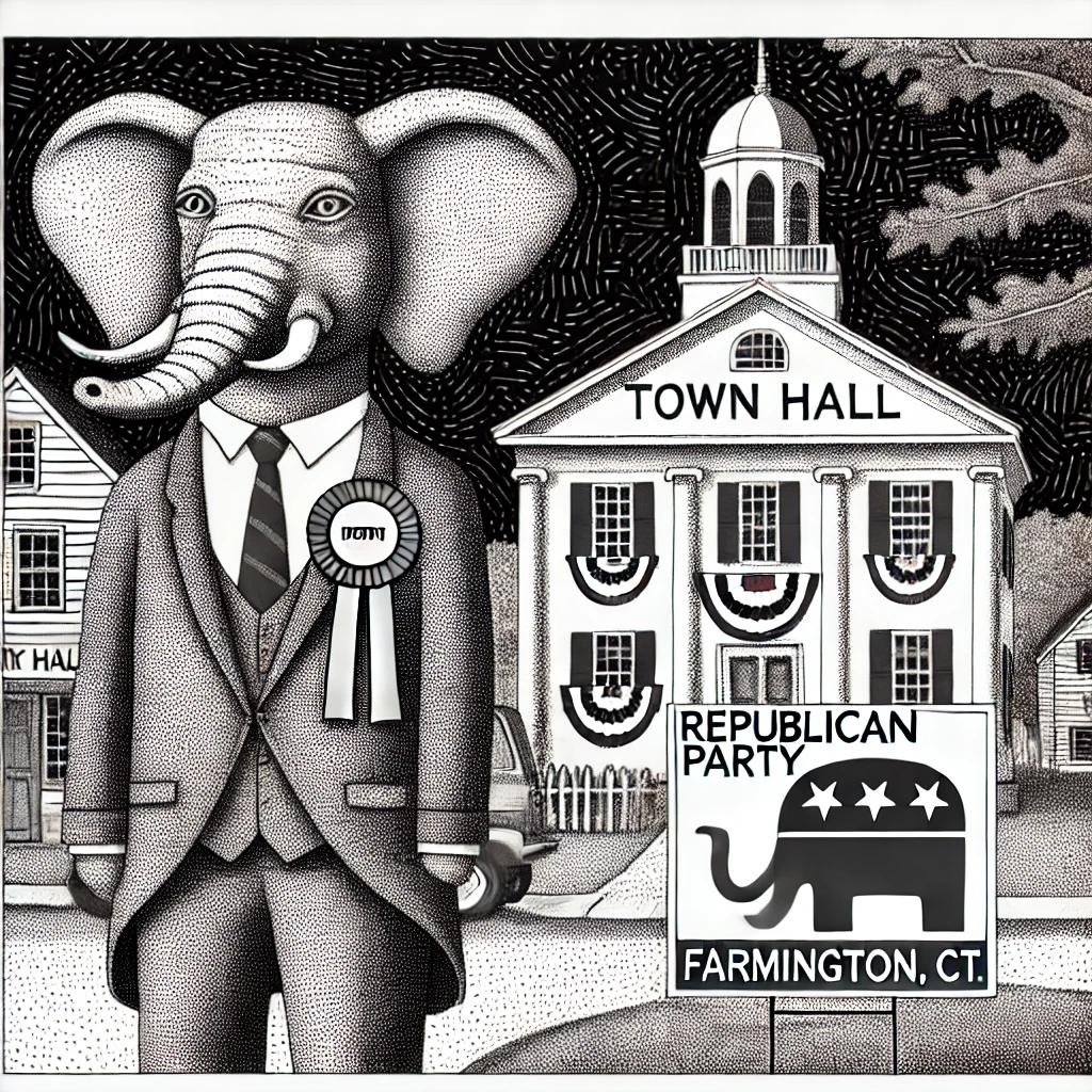 Black and white stipple illustration of the Republican mascot elephant campaigning in Farmington, CT, with a New England town hall in the background.