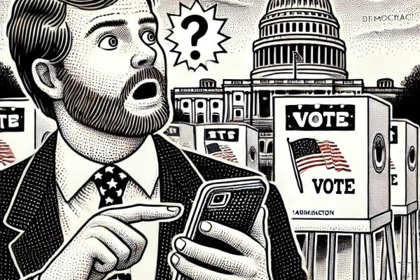 A stipple drawing in the style of the Farmington Mercury depicting a surprised man in Farmington, CT listening to a podcast on his smartphone. In the background, the U.S. Capitol and voting booths symbolize democracy.