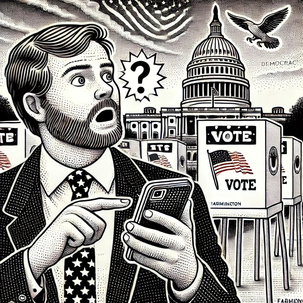 A stipple drawing in the style of the Farmington Mercury depicting a surprised man in Farmington, CT listening to a podcast on his smartphone. In the background, the U.S. Capitol and voting booths symbolize democracy.