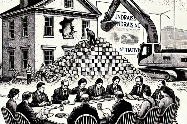 A black and white stipple illustration depicting a town council meeting with members discussing documents around a table. In the background, a pile of bricks signifies a fundraising initiative, and through a window, an older building is seen being demolished with construction equipment.