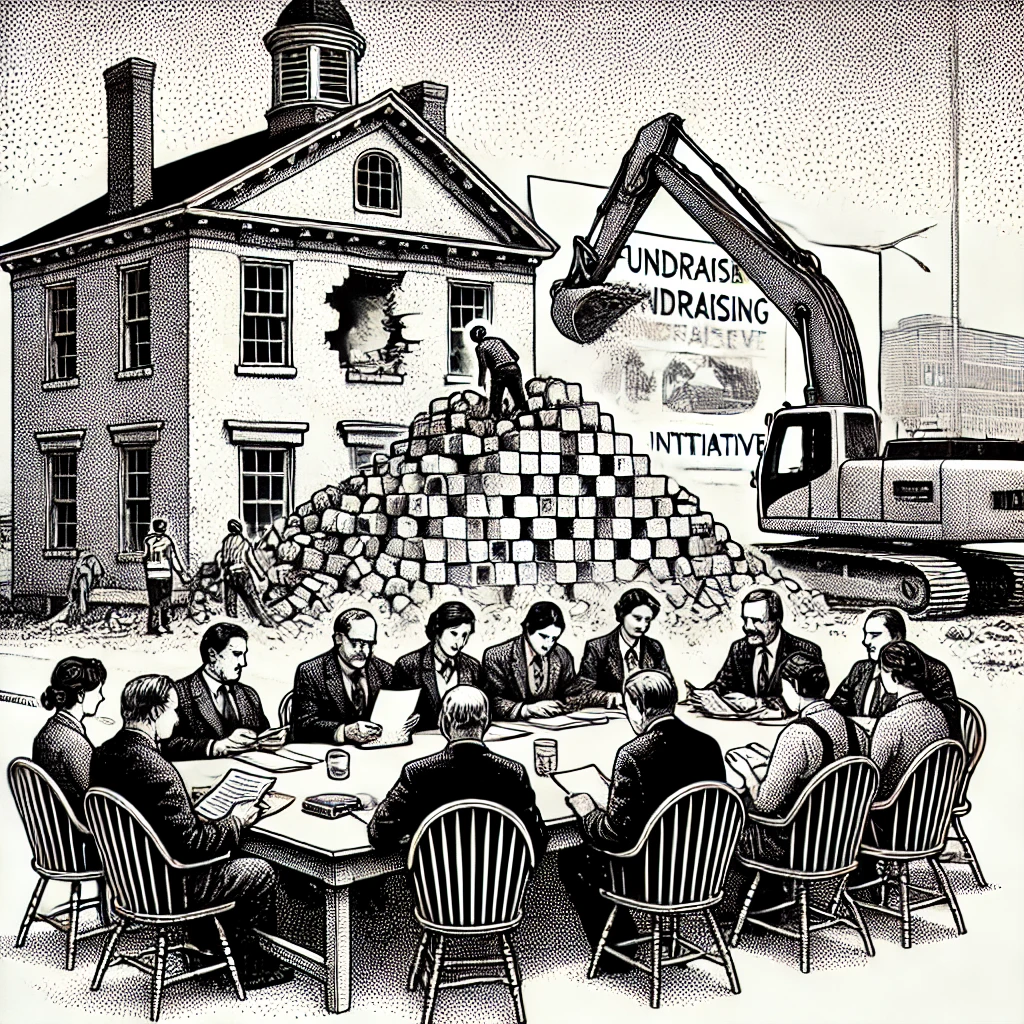 A black and white stipple illustration depicting a town council meeting with members discussing documents around a table. In the background, a pile of bricks signifies a fundraising initiative, and through a window, an older building is seen being demolished with construction equipment.