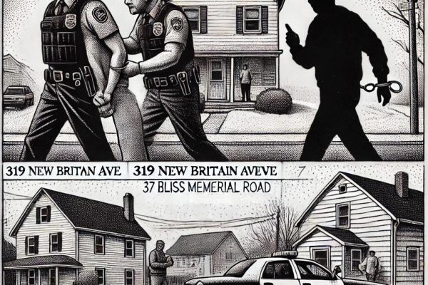 A black and white stipple illustration in the style of the Wall Street Journal, depicting three different locations in Farmington, CT related to recent arrests. The image shows a man in handcuffs at 319 New Britain Avenue, a shadowy figure at 37 Bliss Memorial Road, and a distressed person near a car at 54 West Main Street.