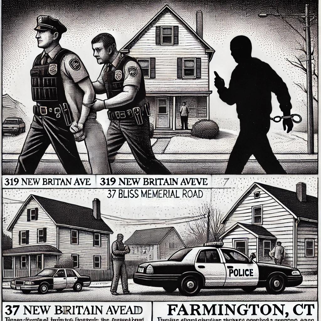 A black and white stipple illustration in the style of the Wall Street Journal, depicting three different locations in Farmington, CT related to recent arrests. The image shows a man in handcuffs at 319 New Britain Avenue, a shadowy figure at 37 Bliss Memorial Road, and a distressed person near a car at 54 West Main Street.