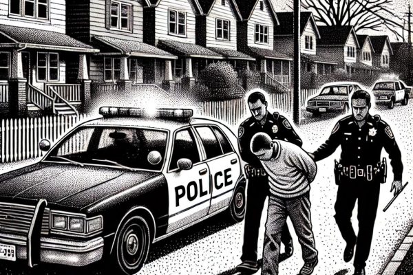 A black and white stipple illustration depicting a dramatic arrest on a quiet suburban street in Farmington, CT. A handcuffed figure is being led away by police officers, with a patrol car in the background.