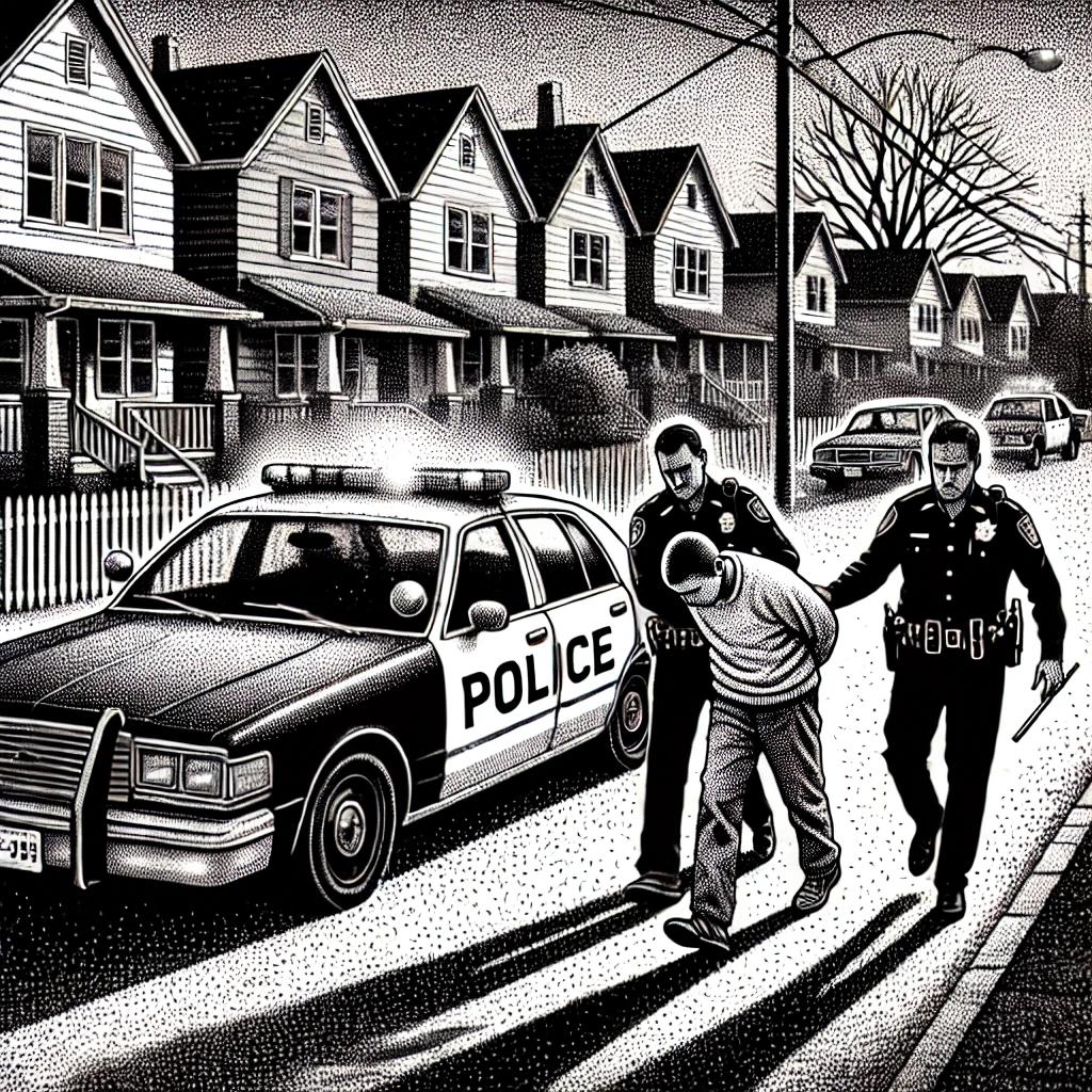 A black and white stipple illustration depicting a dramatic arrest on a quiet suburban street in Farmington, CT. A handcuffed figure is being led away by police officers, with a patrol car in the background.