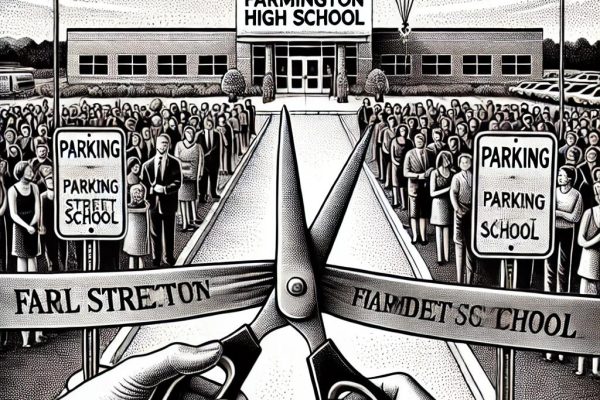 Black and white stipple illustration in the style of the Wall Street Journal, depicting a ribbon-cutting ceremony at Farmington High School with large scissors cutting a ribbon held by several hands, with a crowd in the background.