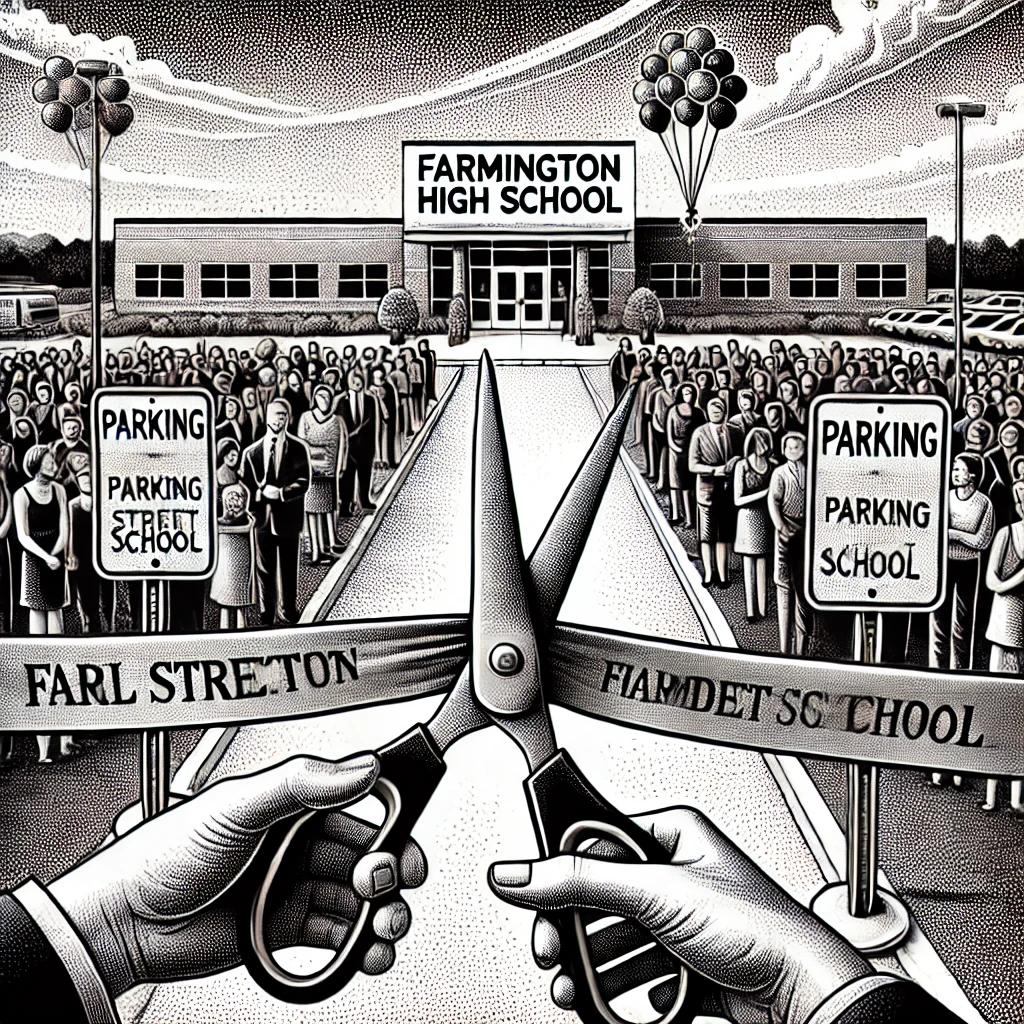 Black and white stipple illustration in the style of the Wall Street Journal, depicting a ribbon-cutting ceremony at Farmington High School with large scissors cutting a ribbon held by several hands, with a crowd in the background.