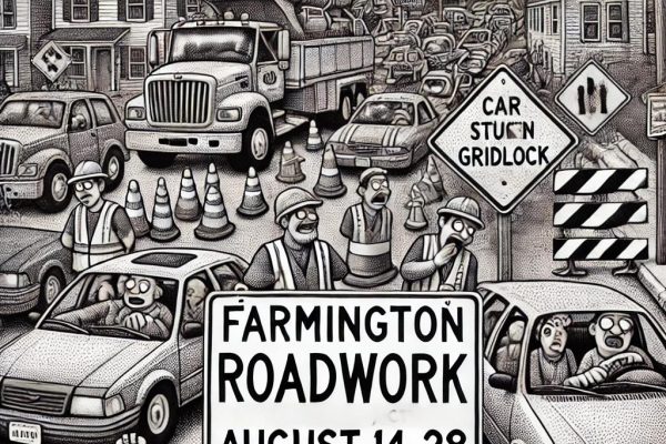 Stipple-style black and white illustration depicting chaotic roadwork in Farmington, CT, with frustrated drivers stuck in gridlock and a prominent roadwork sign displaying the dates August 14-28.