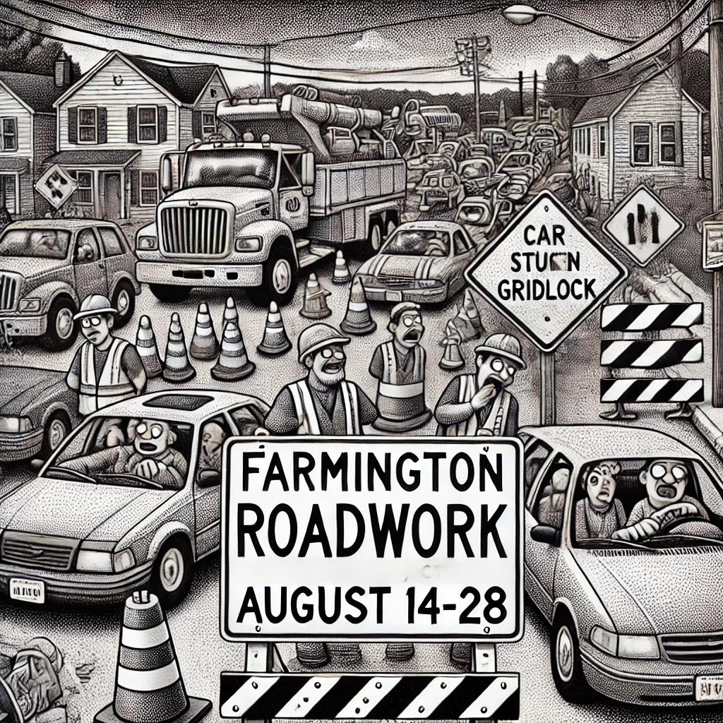 Stipple-style black and white illustration depicting chaotic roadwork in Farmington, CT, with frustrated drivers stuck in gridlock and a prominent roadwork sign displaying the dates August 14-28.