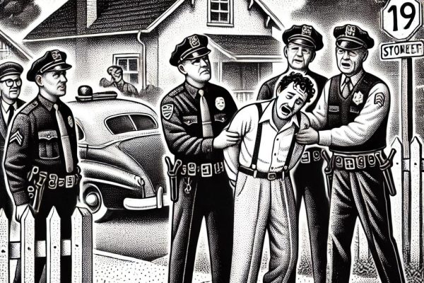 Stipple illustration of Farmington police humorously arresting individuals for minor offenses in a suburban neighborhood.