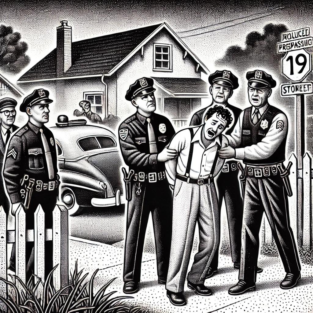 Stipple illustration of Farmington police humorously arresting individuals for minor offenses in a suburban neighborhood.