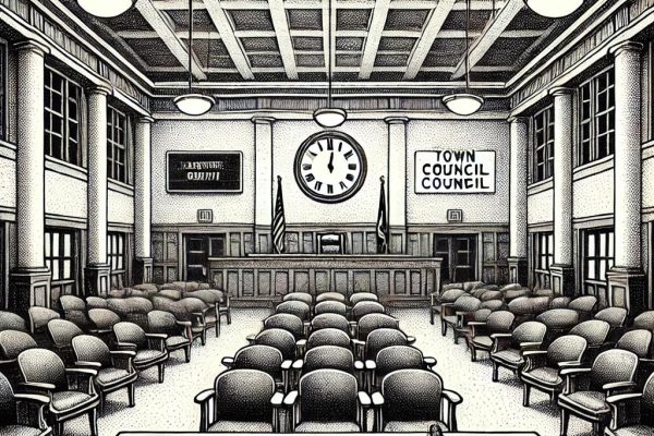 Black and white stipple illustration of an empty Farmington Town Council chamber, reflecting the somber mood after the cancellation of two major meetings.