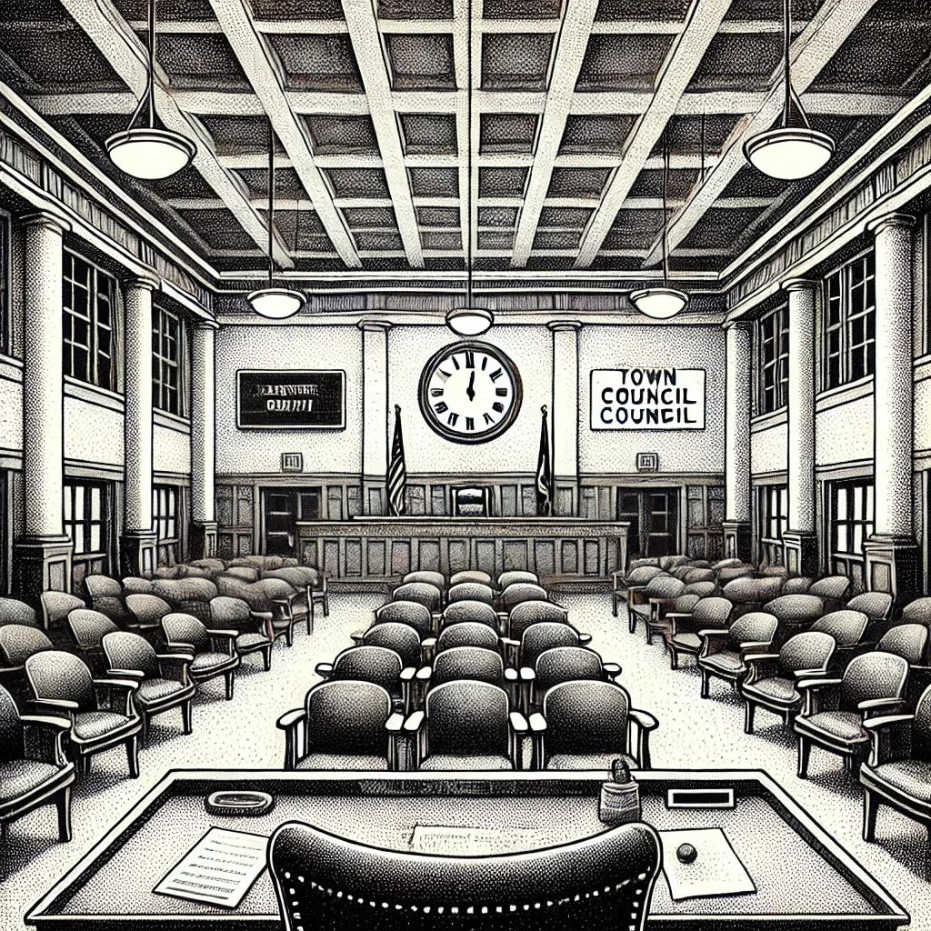 Black and white stipple illustration of an empty Farmington Town Council chamber, reflecting the somber mood after the cancellation of two major meetings.